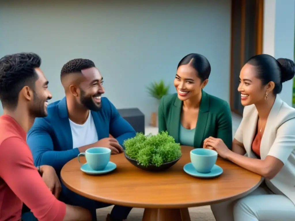 Una escena de armonía y diversidad cultural en un hogar, donde diferentes personas conversan sonrientes alrededor de una mesa