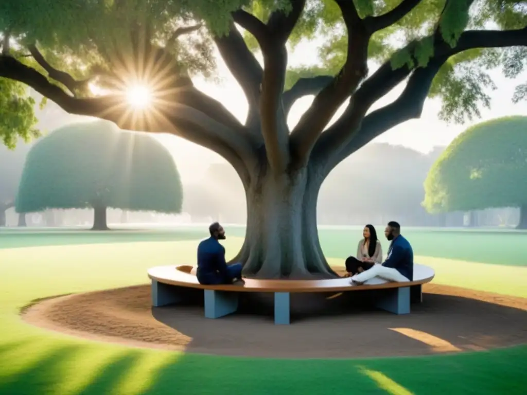 Una escena armoniosa de intercambios culturales y liderazgo, donde un variado grupo comparte ideas bajo un árbol en un parque tranquilo