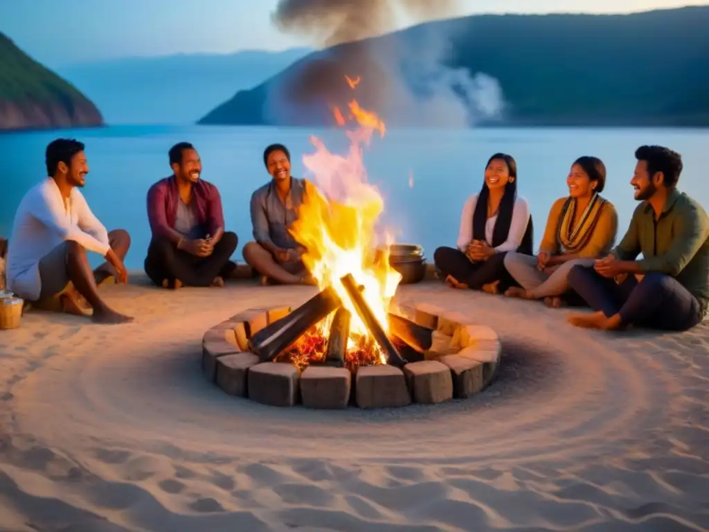 Una escena cálida de comunidad reunida alrededor de una fogata bajo un cielo estrellado, representando Experiencias de homestays auténticas globales