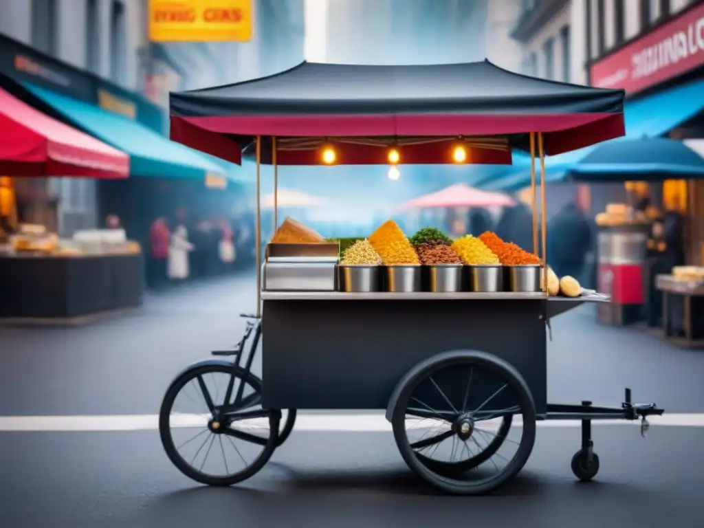Escena callejera colorida y deliciosa con comensales de fondo, ideal para apps para evaluar comida callejera