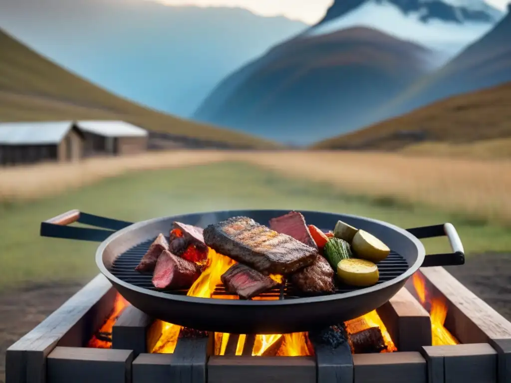 Escena detallada de un asado tradicional patagónico, resaltando sabores únicos y la belleza del paisaje