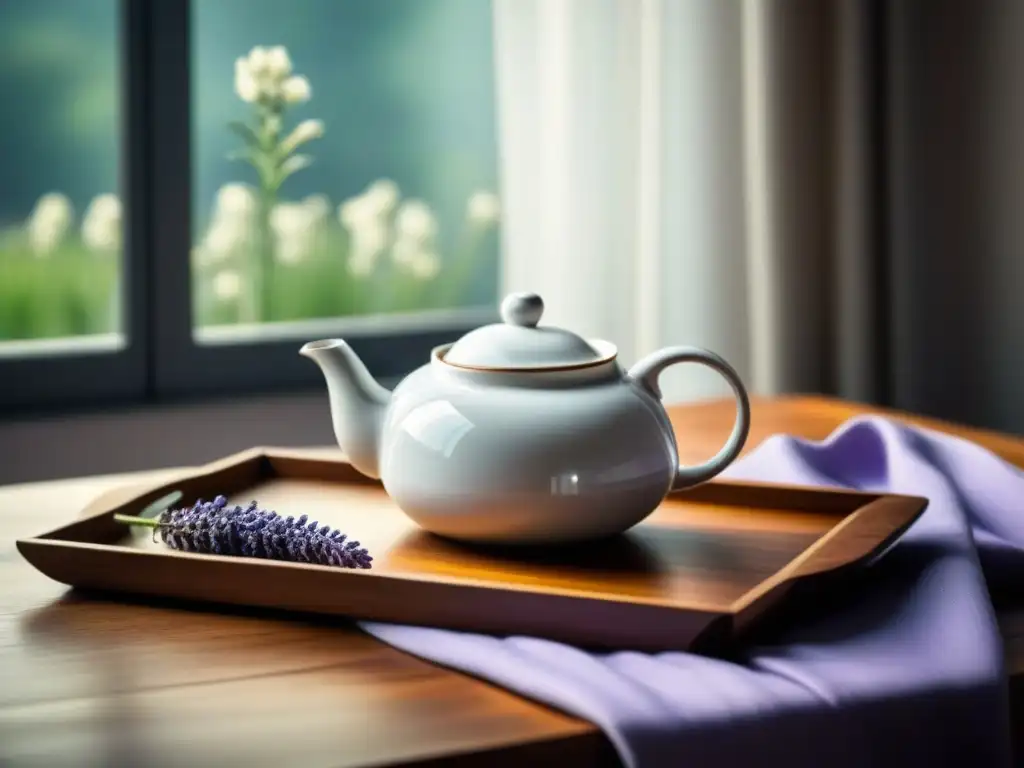 Escena elegante de un ritual del té europeo con tetera de porcelana blanca y diseño floral, sobre bandeja de madera con lavanda fresca