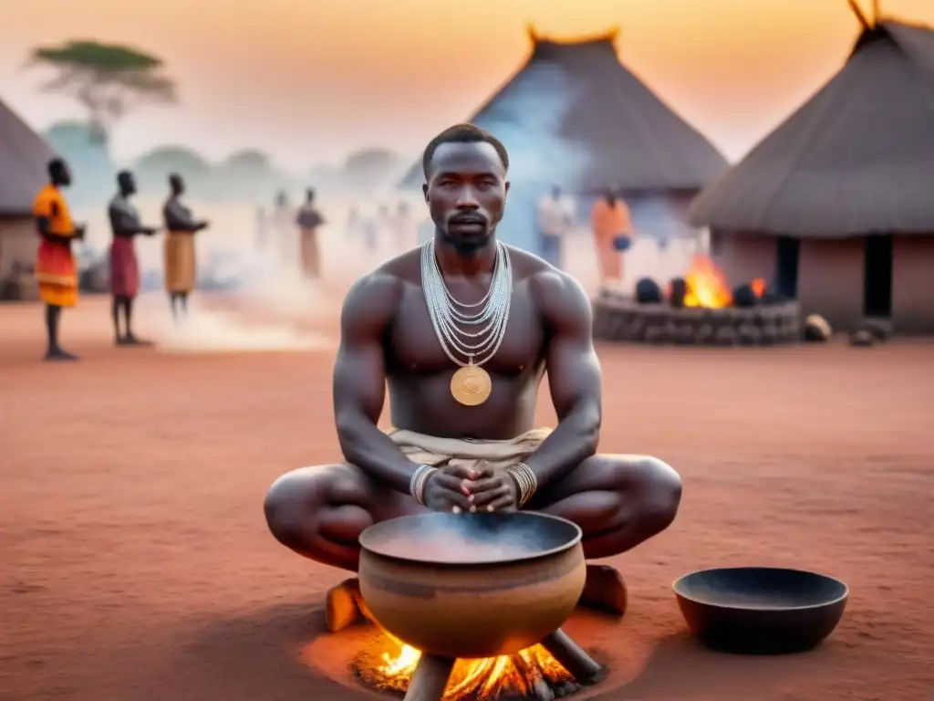 Escena espiritual al amanecer en una aldea africana con prácticas religiosas tradicionales en África