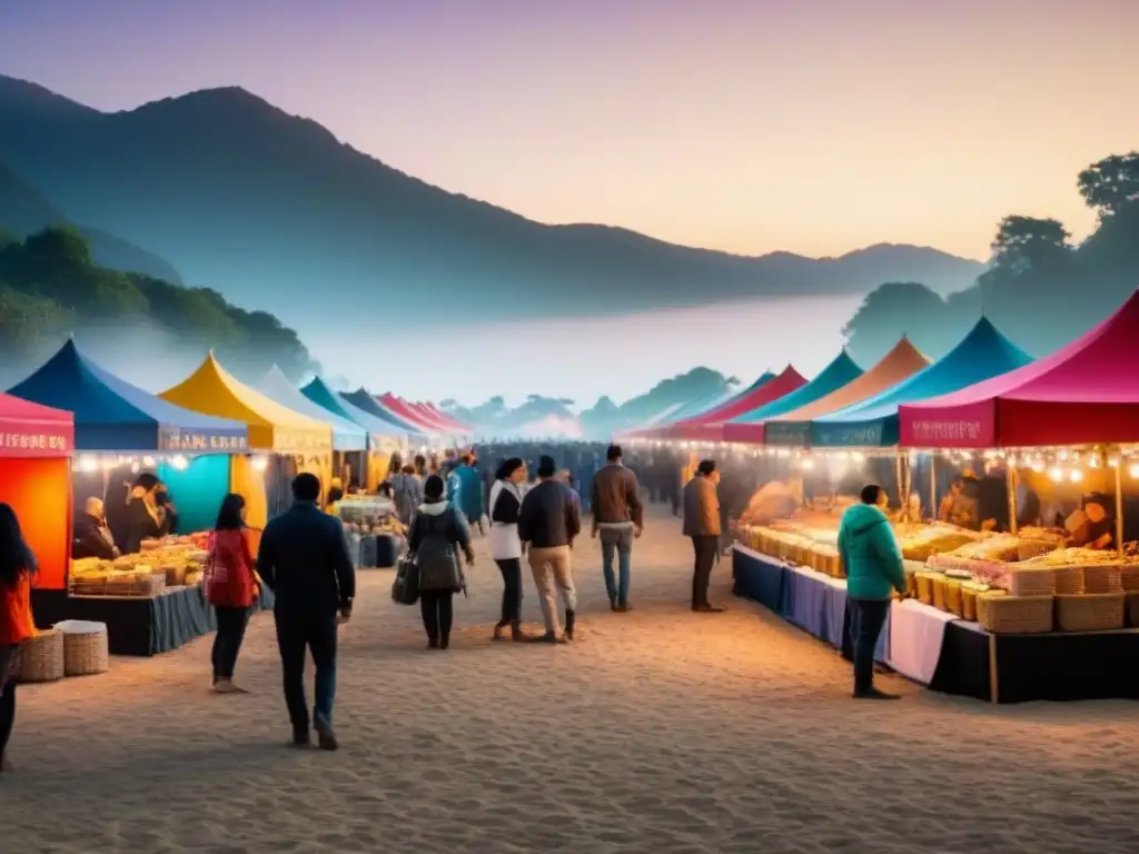 Escena festiva local vibrante con puestos de comida coloridos, familias disfrutando y actuaciones tradicionales bajo un cielo estrellado