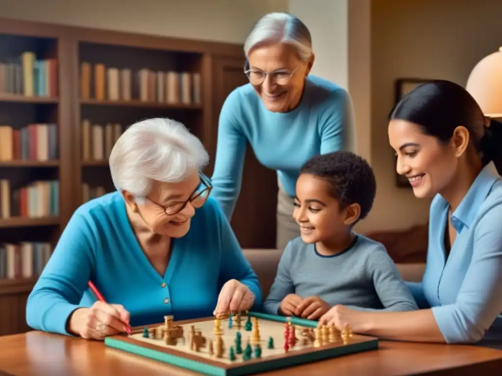 Una escena con tres generaciones realizando actividades intergeneracionales en homestays, rodeados de amor y alegría