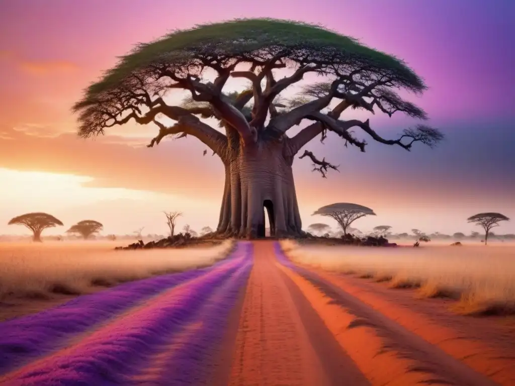 Escena mística al amanecer en la sabana africana con árbol Baobab y símbolos religiosos tradicionales en África