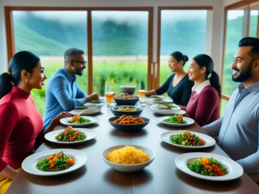 Conversaciones multiculturales en homestay Una escena multicultural en un homestay: intercambio de idiomas y comida en un ambiente acogedor y luminoso