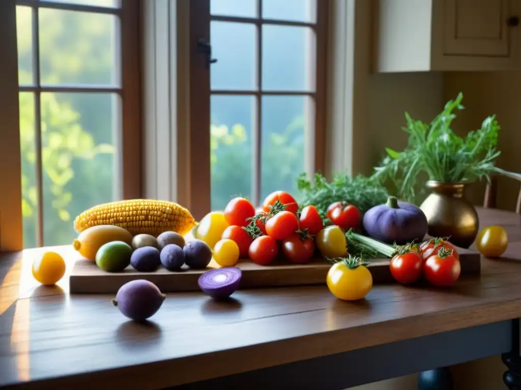 Una escena nostálgica de una mesa de cocina tradicional con ingredientes vibrantes