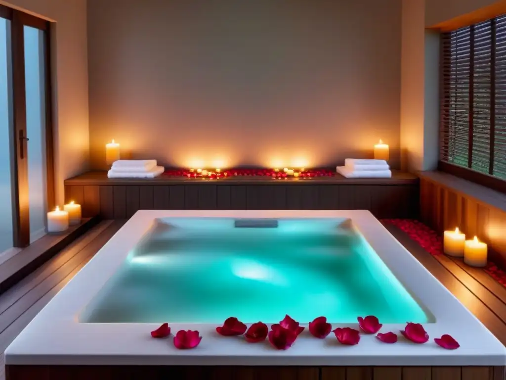 Escena relajante en un spa: bañera de mármol blanco con pétalos de rosa, velas y toallas