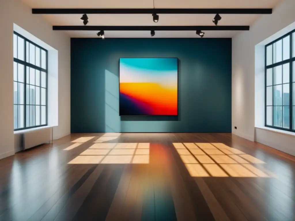 Escena serena en galería de arte: una sola obra moderna destaca con colores vibrantes
