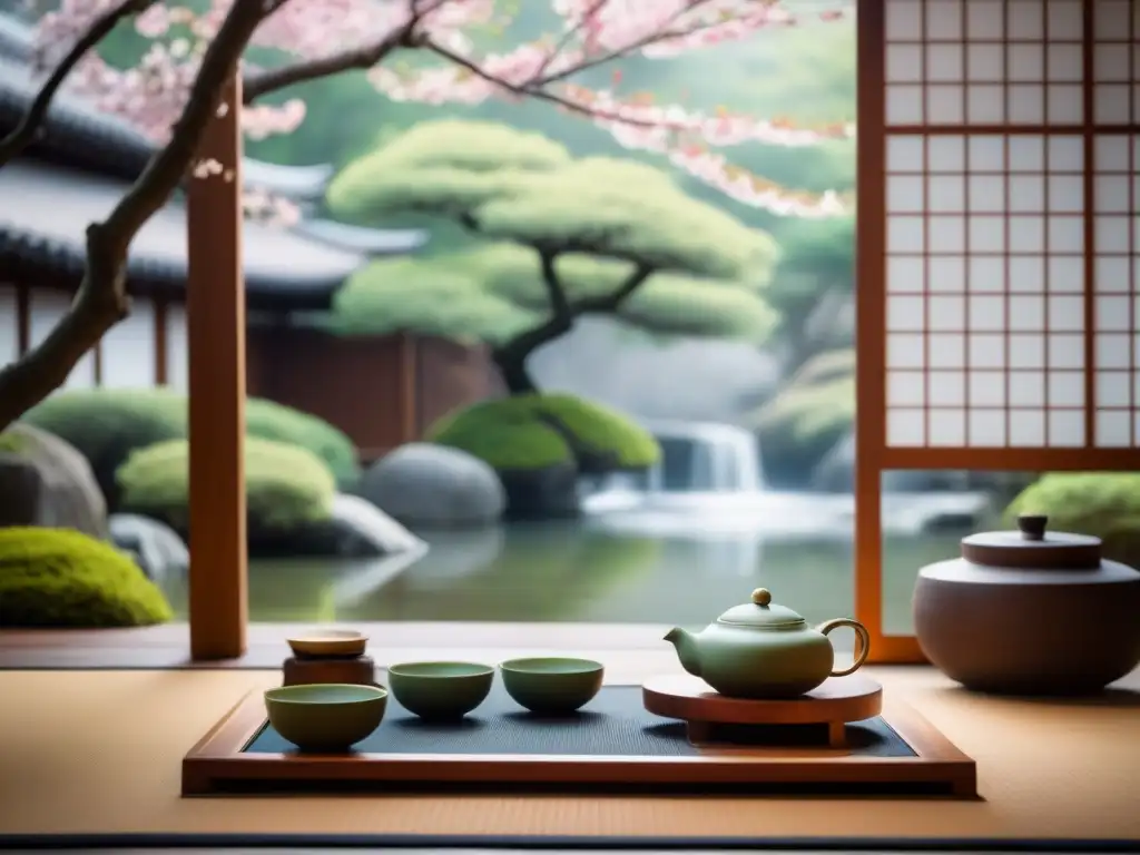 Armonía japonesa: ceremonia del té con cerezos en flor Escena serena de ceremonia del té japonés en sala tatami con cerezos en flor reflejados en agua