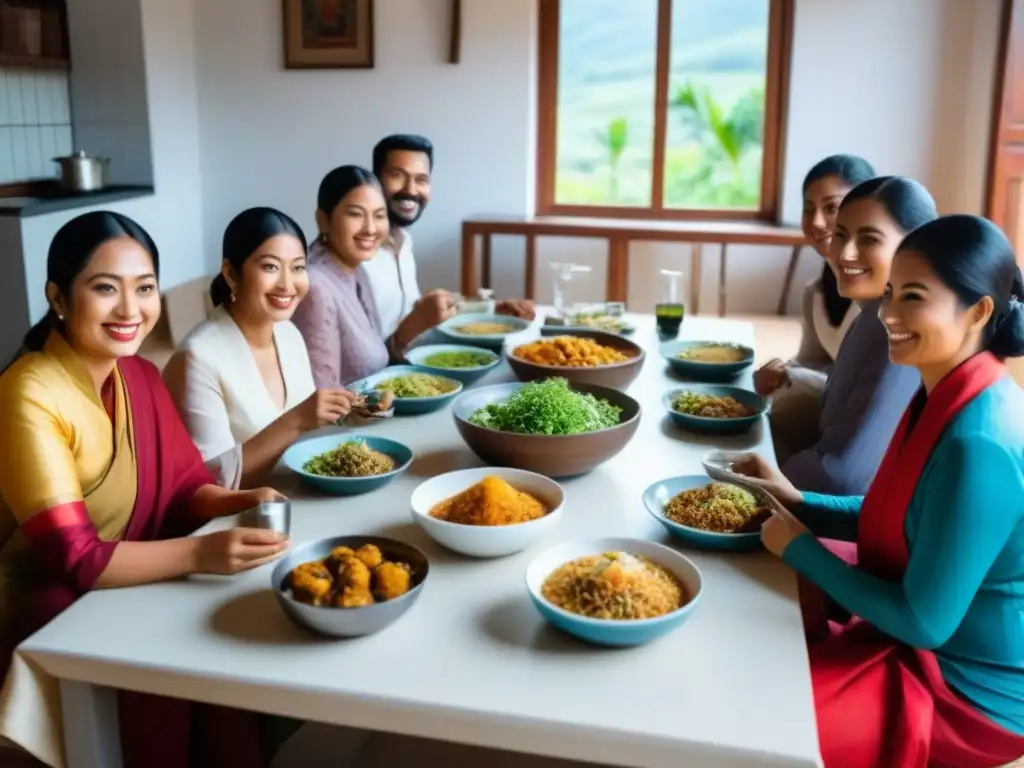 Comunidad multicultural disfrutando de una comida en homestay Una escena serena en un homestay: diversas personas comparten una comida alrededor de una mesa, representando beneficios de homestays en cultura