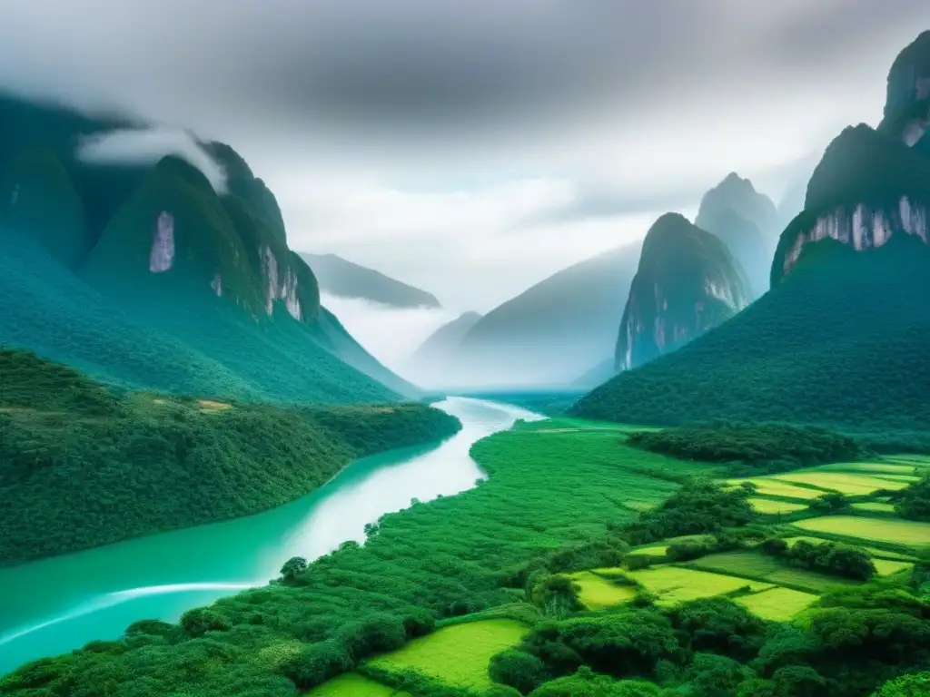 Escena serena de un paisaje natural en Sudamérica rural, con exuberante vegetación, imponentes montañas y río cristalino