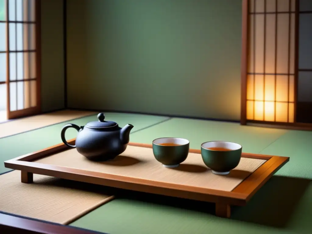 Escena serena de un ritual del té japonés tradicional en tatami, con utensilios delicados