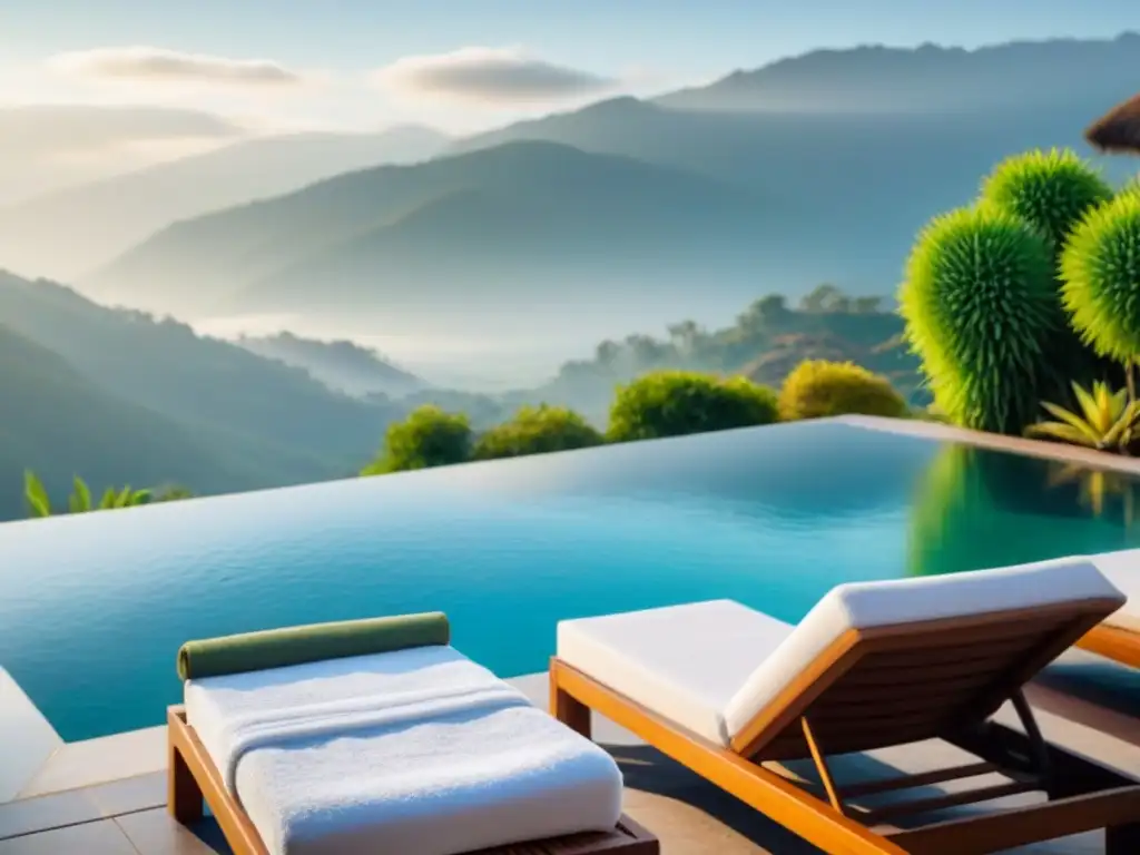 Paraíso de spa: Infinity pool en valle verde Escena de spa de lujo con piscina infinita, toallas blancas y plantas suculentas, rodeada de naturaleza