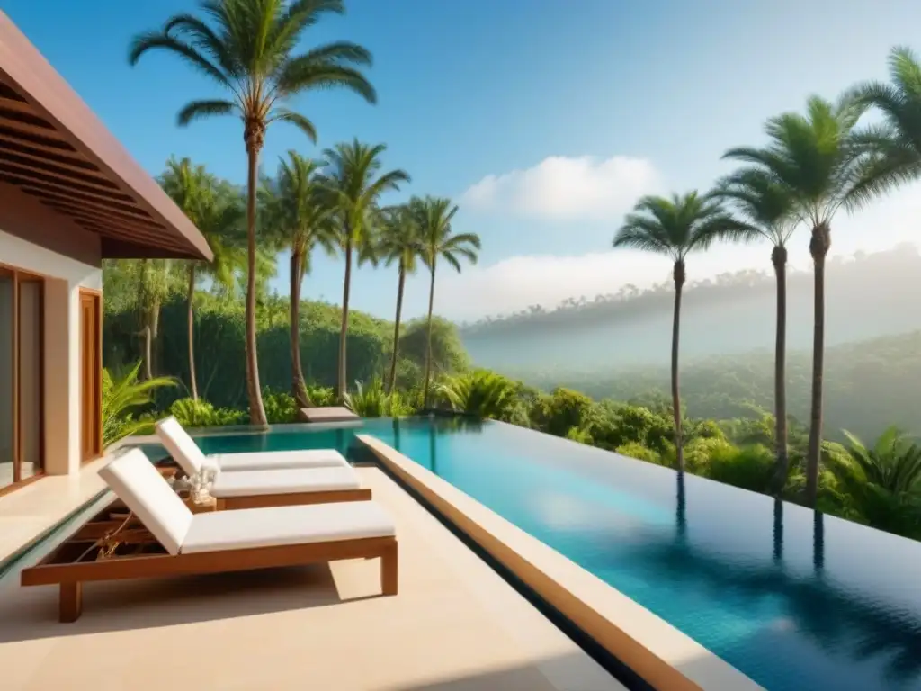 Spa de lujo: piscina infinita en oasis tropical Escena de spa lujoso con piscina infinita, rodeada de palmeras y un cielo azul