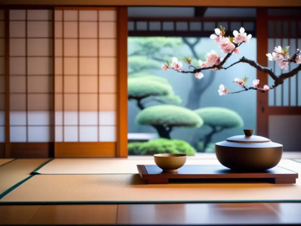 Exquisita ceremonia del té japonés en ambiente sereno Escena tranquila de una ceremonia del té japonesa en una sala minimalista con destinos lujo inmersión cultural profunda