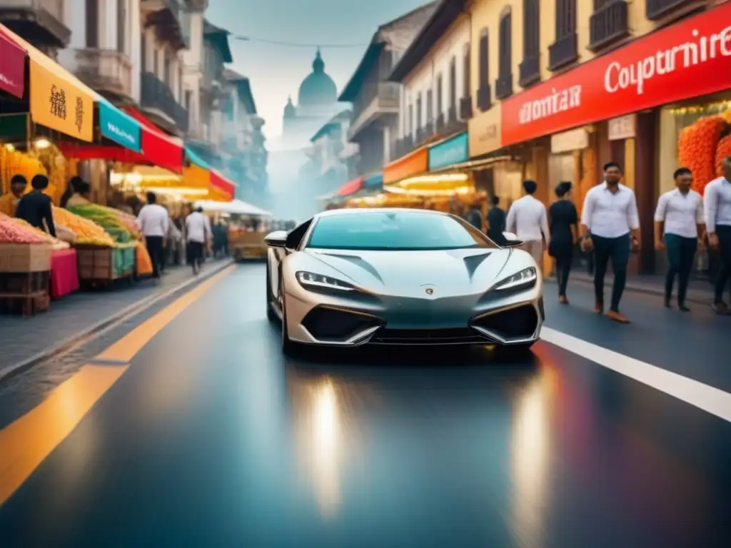 Lujo urbano: coche de lujo en ciudad multicultural Escena urbana vibrante con vehículo privado para aventura cultural en una ciudad diversa