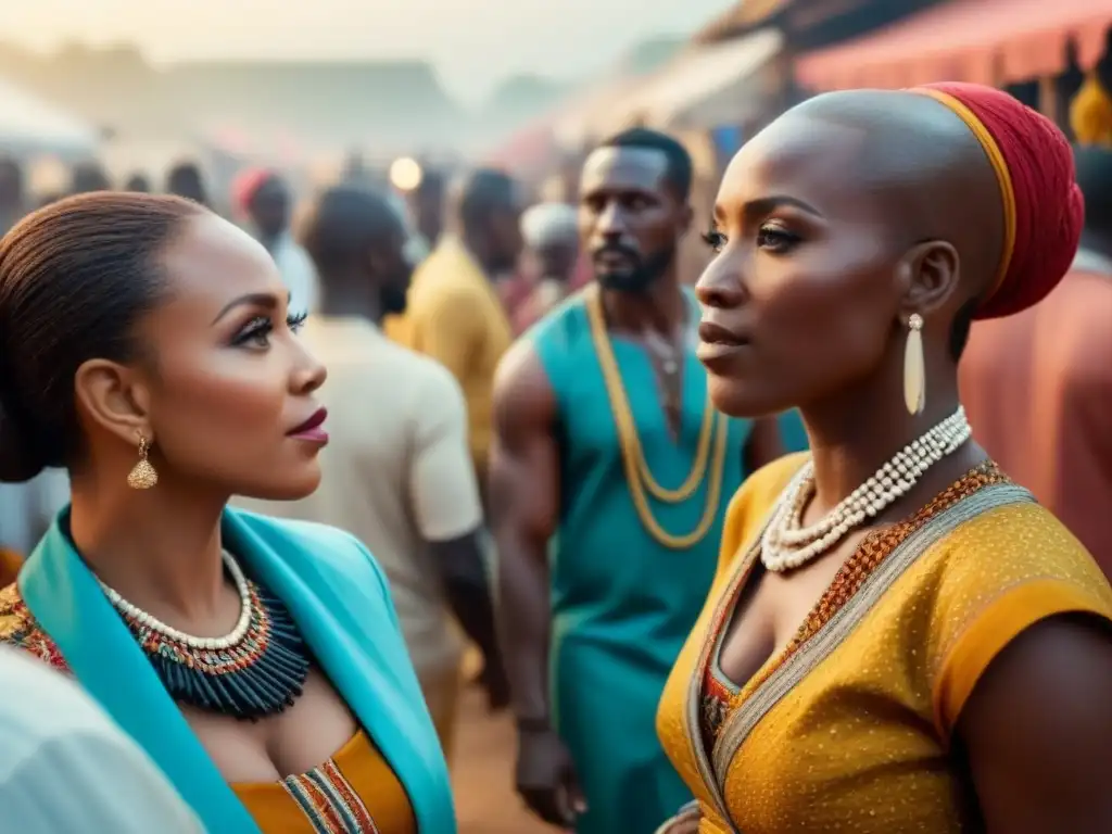 Escena vibrante de diversidad cultural en un mercado africano, reflejando la unión entre culturas en África Subsahariana