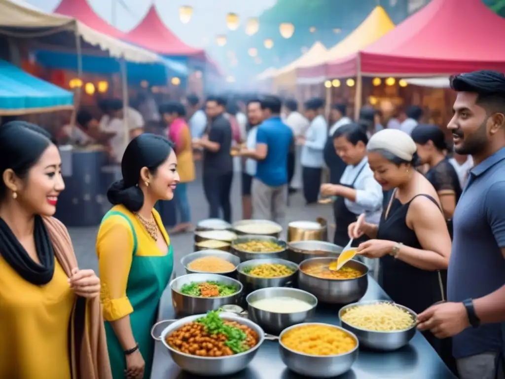 Festival gastronómico multicultural: sabores del mundo Escena vibrante de festivales gastronómicos tradicionales internacionales, con gente probando platos de diversas culturas