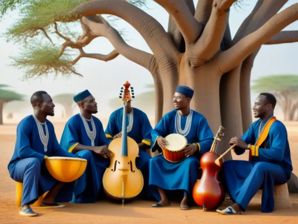 Melodías ancestrales: músicos senegaleses bajo baobab Una escena vibrante de músicos senegaleses tocando bajo un baobab, inmersos en su arte