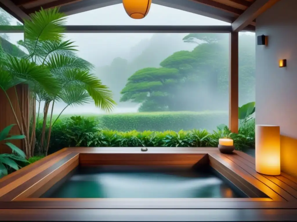 Escenario sereno de spa japonés con bañera de madera rodeada de vegetación exuberante y luz suave