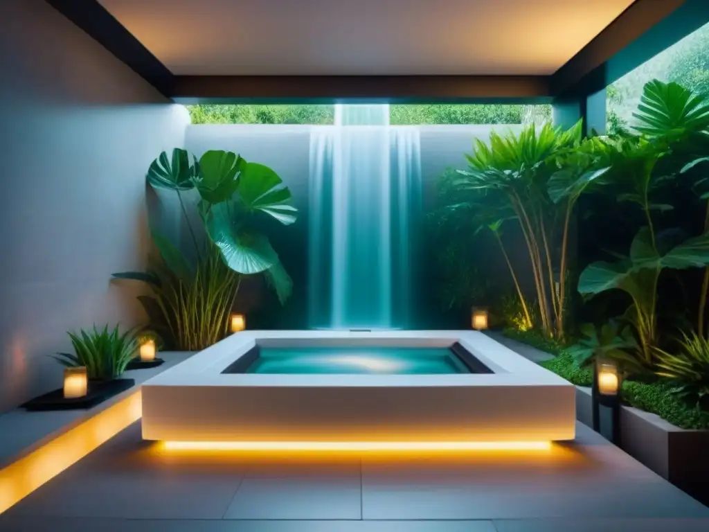 Oasis de relajación: jacuzzi de mármol en spa de lujo Escenario de spa lujoso con jacuzzi de mármol y plantas verdes, evocando tranquilidad y secretos longevidad spas lujo