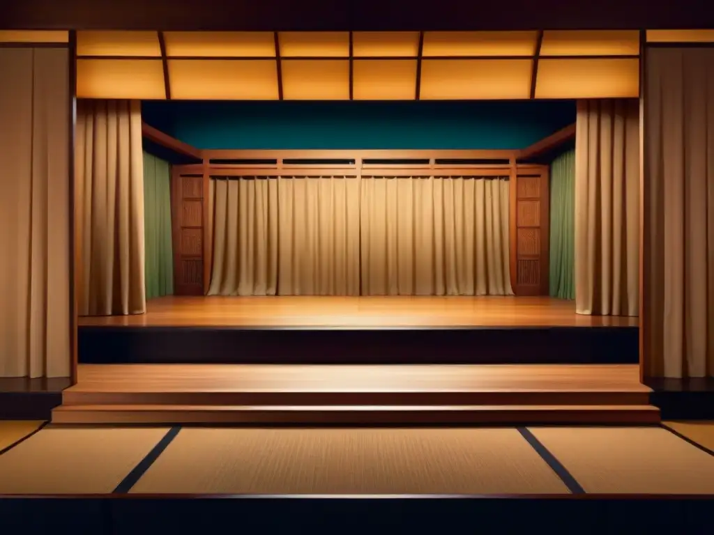 Escenario de teatro Noh japonés: Tradición y contemporaneidad, con tallados de madera y cortinas de seda, iluminado suavemente