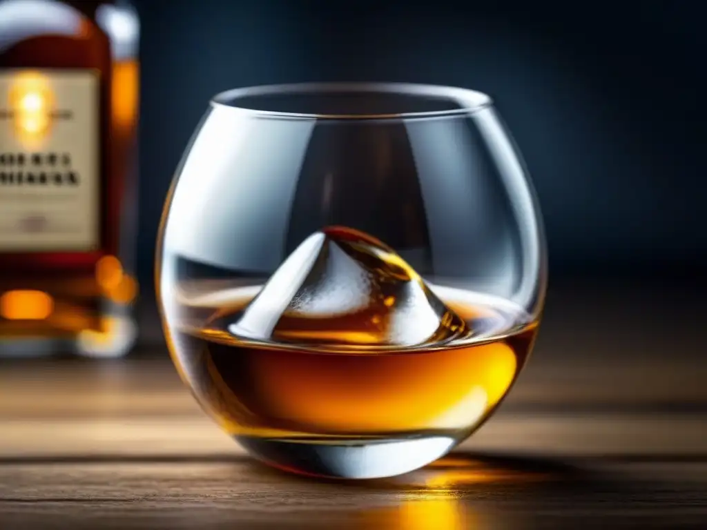 Una esfera de hielo transparente derritiéndose lentamente en un vaso de whisky, reflejando tonos ámbar