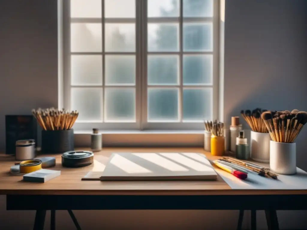 Espacio artístico sereno con pinceles, pinturas y lienzo en blanco
