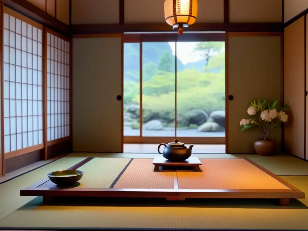 Armonía japonesa: sala de té tradicional serena Espacio sereno de una ceremonia del té en Japón con tatamis, puertas corredizas, mesa de té y pergamino, iluminado por luz natural