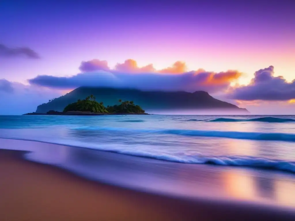 Un espectacular atardecer sobre una isla remota, reflejando colores cálidos en el mar tranquilo