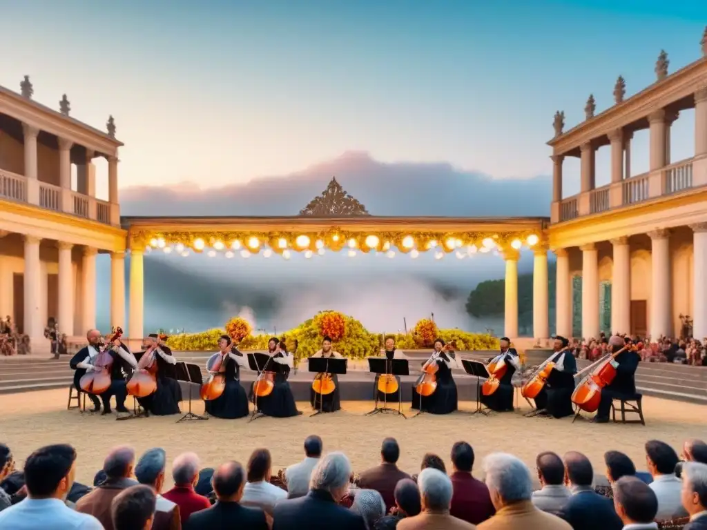 Espectacular festival de música barroca en Italia con escenario al aire libre, músicos elegantes y audiencia fascinada con trajes históricos