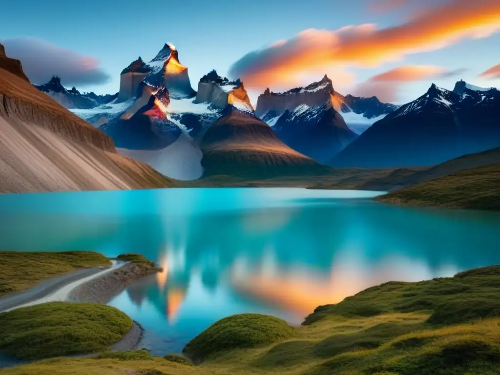 Espectacular paisaje del Parque Nacional Torres del Paine en Chile, con los picos del Macizo del Paine reflejados en un lago glaciar al amanecer