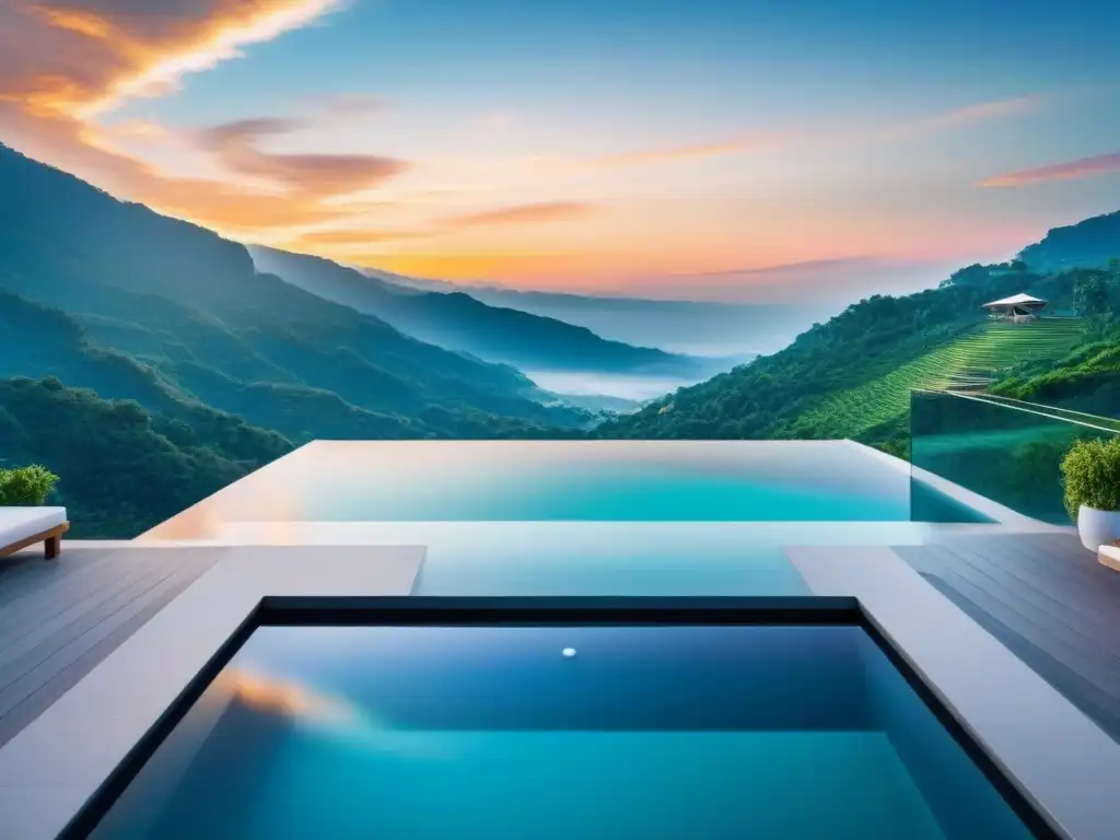 Espectacular piscina infinita en spa de lujo, con diseño arquitectónico moderno y vistas a la naturaleza al atardecer