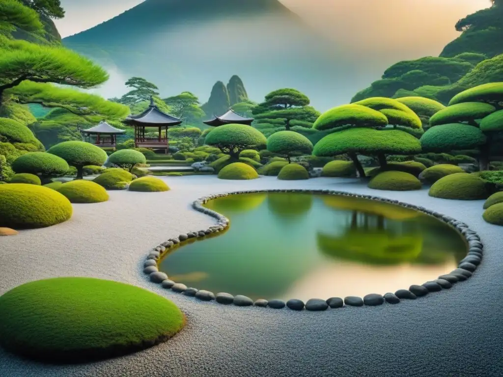 Inmersión espiritual en Budismo Zen: Jardín japonés zen con grava, rocas y estanque, reflejando la serenidad natural