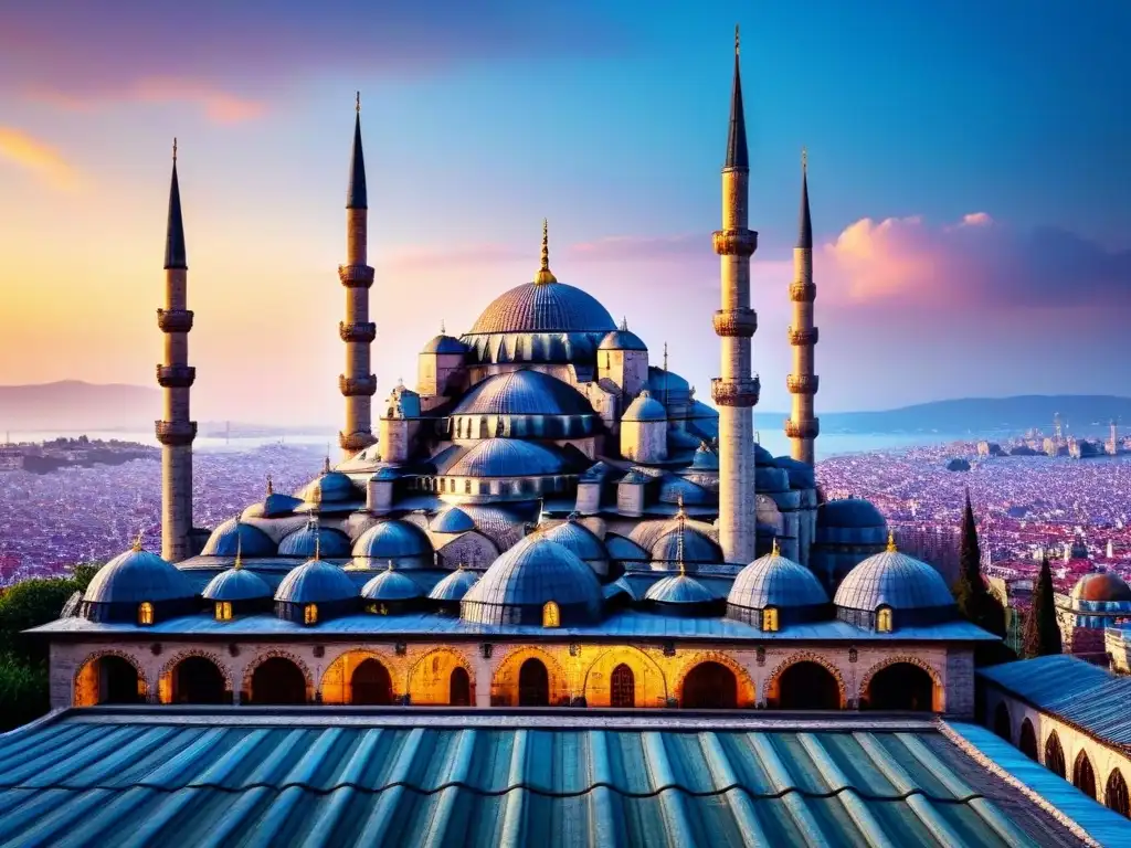 Espléndida vista de la Mezquita Azul al atardecer en Estambul, destacando su arquitectura y cultura Turquía historia gastronomía tour
