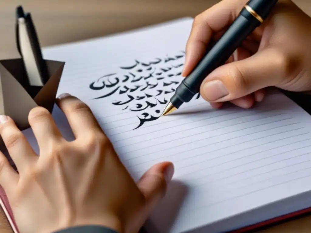 Escritura de caligrafía árabe: precisión y dedicación en la educación Estudiante escribiendo caligrafía árabe en cuaderno blanco