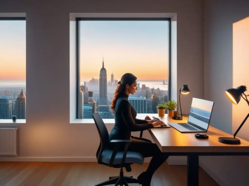 Estudiante en curso en línea intercambio cultural, estudia en tranquilo cuarto blanco con vista a ciudad