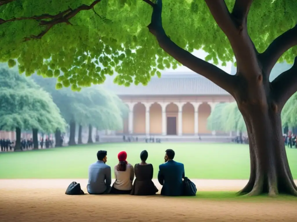 Estudiantes estudian bajo un árbol en un campus europeo, consiguiendo becas intercambio Europa