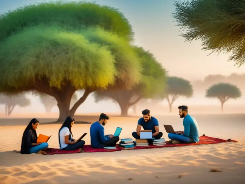 Estudio colaborativo: estudiantes diversos bajo un árbol en el desierto Estudiantes colaborando bajo un árbol en el desierto, con libros y laptops