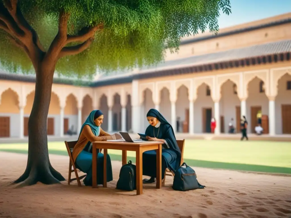 Estudio multicultural bajo árbol en campus medio oriental Estudiantes de diversas culturas estudian juntos bajo un árbol en un tranquilo campus en Oriente Medio