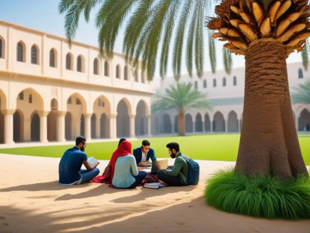 Estudiantes de diversas culturas estudian bajo una palmera en una universidad de Oriente Medio, creando un ambiente inspirador