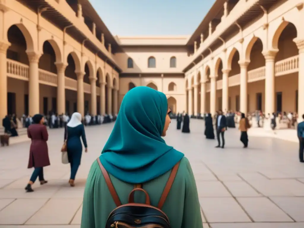 Estudiantes diversos en un campus universitario en Oriente Medio, mezcla de tradición y modernidad