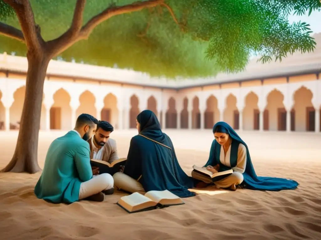 Estudio multicultural bajo un árbol en un patio árabe sereno Estudiantes diversos estudian juntos bajo un árbol en un tranquilo patio de Oriente Medio, mostrando unidad y diversidad en la educación