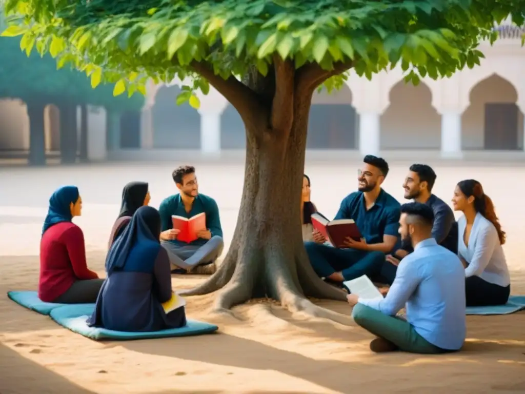 Estudiantes internacionales en intercambio cultural bajo un árbol soleado Estudiantes de todo el mundo conversando bajo un árbol en un patio universitario en Oriente Medio