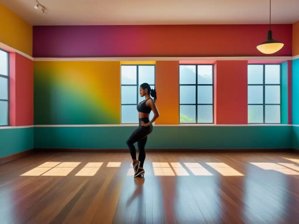 Un estudio de baile latinoamericano con murales coloridos, suelos de madera y zapatos de baile