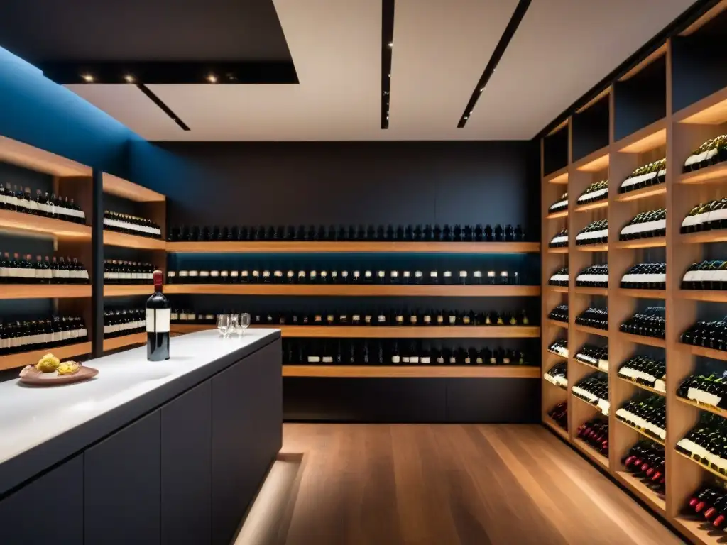 Sala de cata de vinos negra y elegante con botellas de vino de diferentes países en estanterías de cristal Exclusivo club de vinos y destilados, inmersión cultural en elegante sala de cata con sommelier sirviendo vino tinto