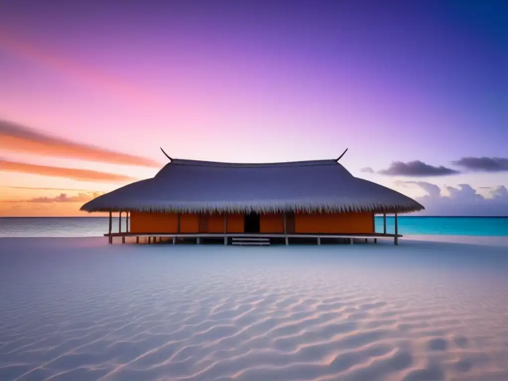Maneaba tradicional en atardecer pacífico en Kiribati Experiencia cultural auténtica en Kiribati: Atardecer sereno sobre maneaba tradicional, tejado de paja y colores cálidos en el cielo