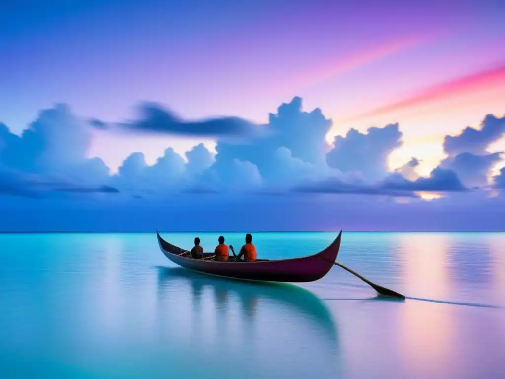 Canoa Kiribati: tradición y color en el Pacífico Una experiencia cultural auténtica en Kiribati: una canoa tradicional navegando en aguas turquesas al atardecer